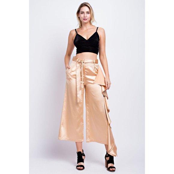 Boutique Pants - Women's Casual Tie Front Silky Side Ruffle Culottes Wide Leg Pants